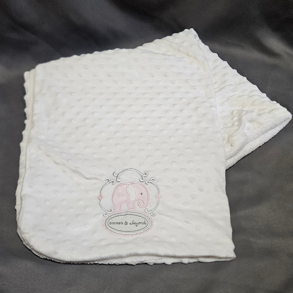 Blankets & Beyond White‎ Minky Dot Baby Blanket Pink Elephant Embroidered Plush